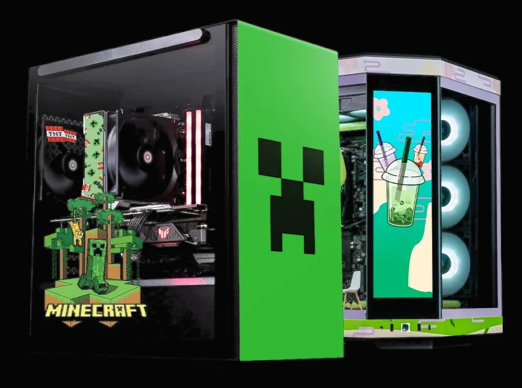Deux PC personnalisés par Next Core : boîtier vert Minecraft et façade illustrée